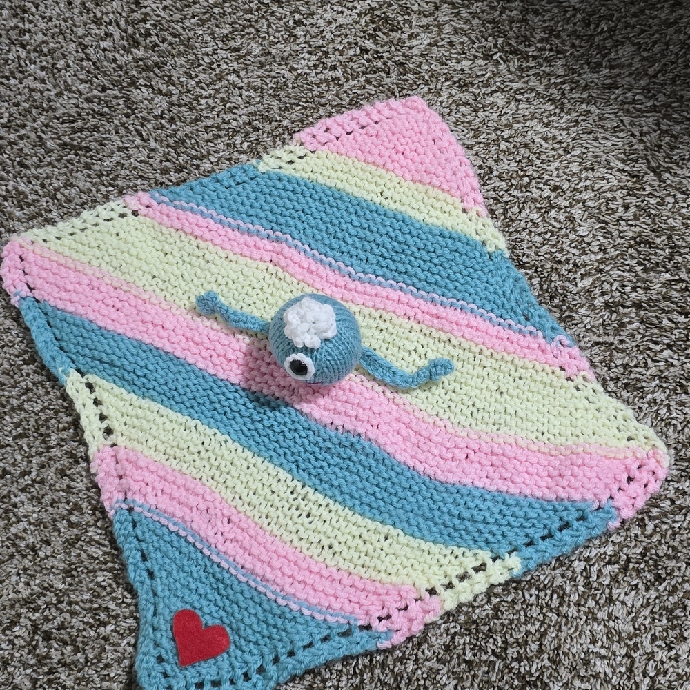 Colorful Knit Baby Blanket with Toy